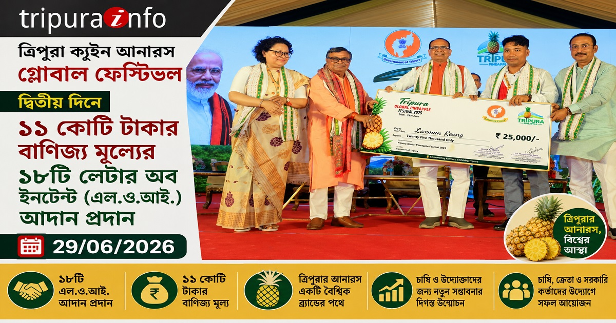 ত্রিপুরা ক্যুইন আনারস গ্লোবাল ফেস্টিভল : দ্বিতীয় দিনে ১১ কোটি টাকার বাণিজ্য মূল্যের ১৮টি লেটার অব ইনটেন্ট (এল.ও.আই.) আদান প্রদান