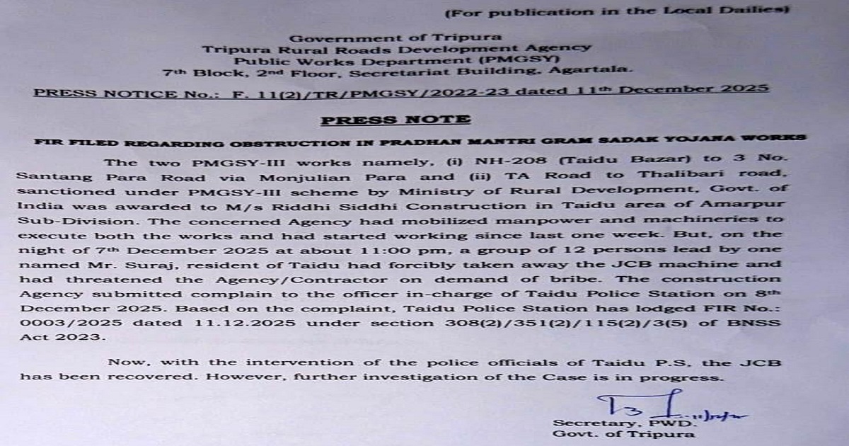 Tipra Motha-Linked Land Mafias Now Target Rural Road Projects, PWD Files FIR After Extortion Attempt in Taidu