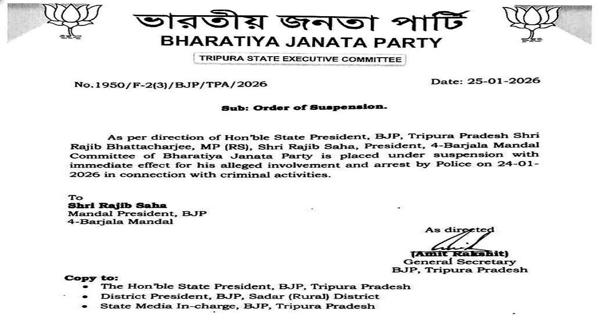 Suspended BJP Barjala Mandal President Rajib Saha Remanded to Police Custody Till January 27