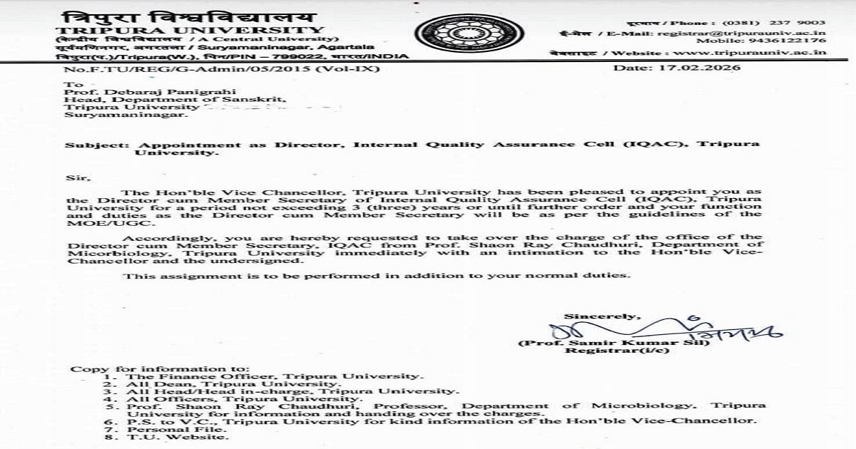 Junior-Most Professor Appointed as IQAC Director at Tripura University, Decision Triggers Debate