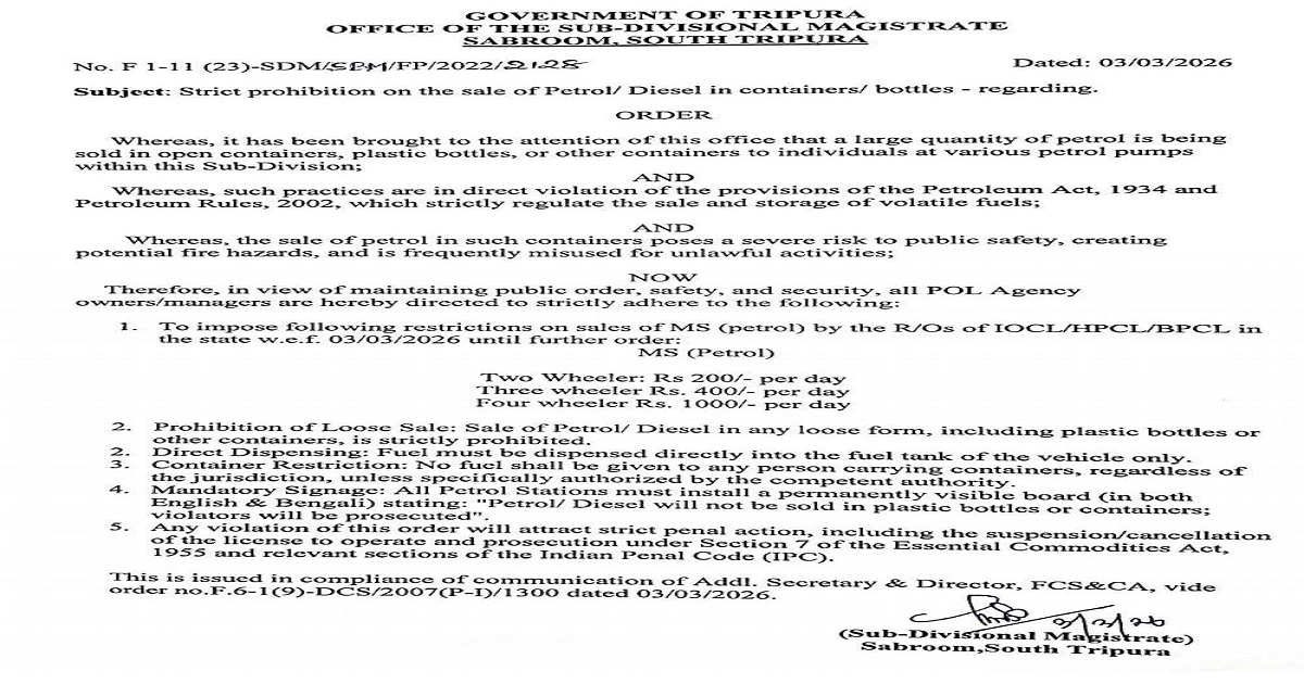 Tripura Introduces Fuel Rationing and Bans Sale in Containers Amid Panic Buying