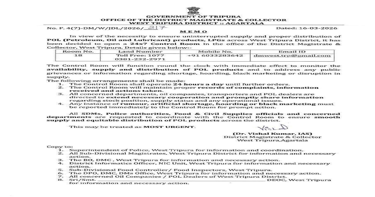 24×7 Control Room Opened in West Tripura to Monitor Fuel and LPG Supply