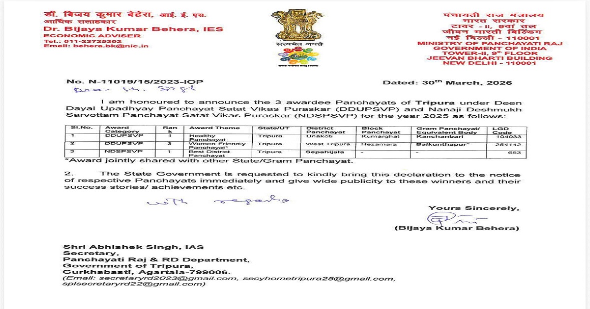 Tripura Shines Bright as Three Panchayats Win National Satat Vikas Puraskar 2025, CM Congratulates DM Teams