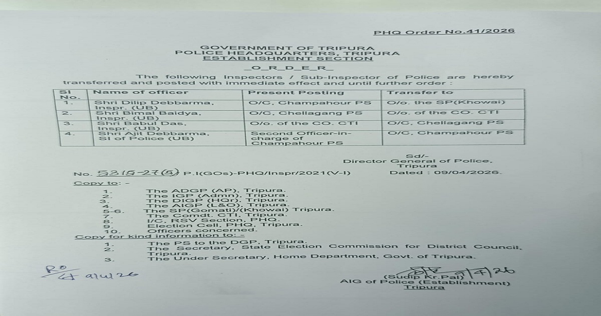 SP of Khowai Transferred Ahead of ADC Elections, Multiple Police Officers Reshuffled in due to  security lapses