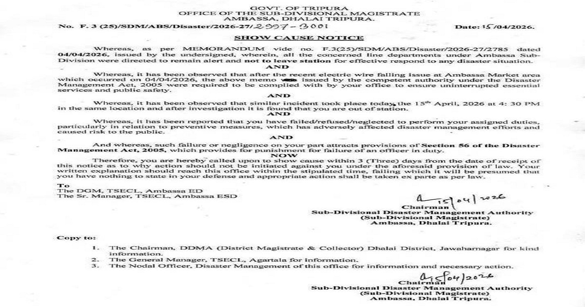 Minor Girl Injured by Snapped Electric Wire, SDM pointed out Negligence, Issues Show Cause Notice to TSECL Officials