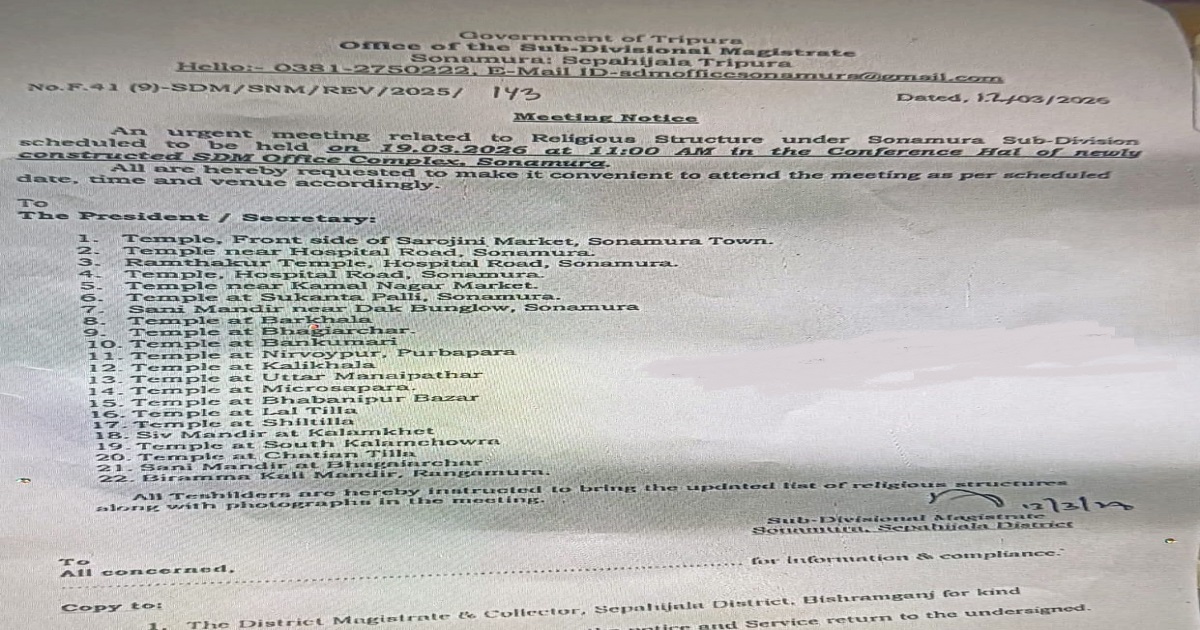 Sonamura SDM Warns 22 Temple Committees to Relocate Structures from Government Land