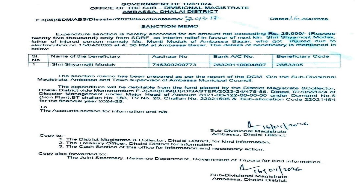 SDM Ambassa Sanctions Rs.25,000 SDRF Aid for Electrocuted  Girl in Ambassa