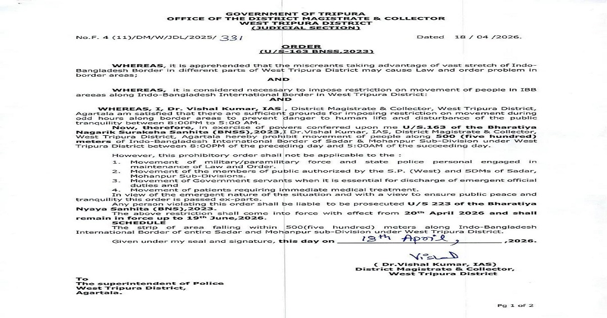 Night Movement Curbed Along Indo-Bangladesh Border in West Tripura Amid Post-ADC Poll Tensions