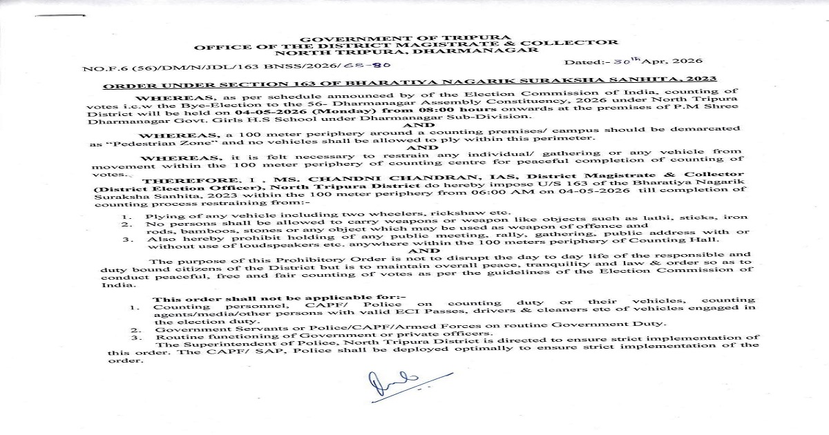 Section 163 of BNSS Imposed Around Dharmanagar Counting Centre Ahead of By-Election Result Day on May 4