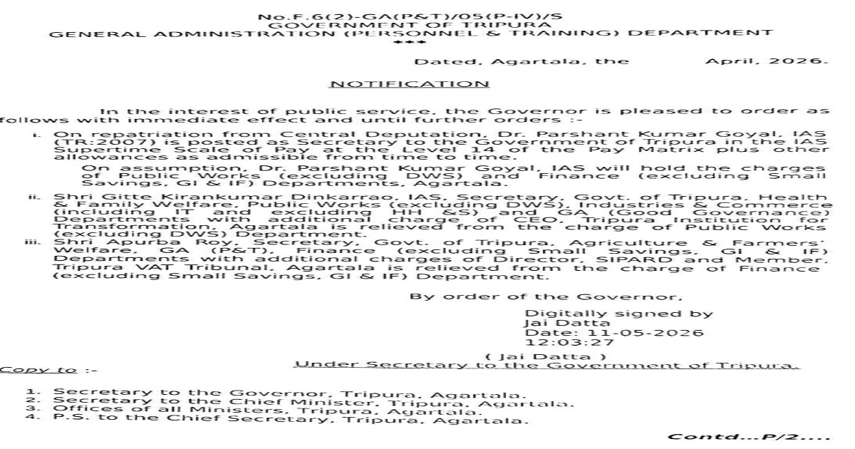 Major IAS Reshuffle in Tripura: Dr Parshant Kumar Goyal Returns from Central Deputation, Takes Charge of Finance and PWD