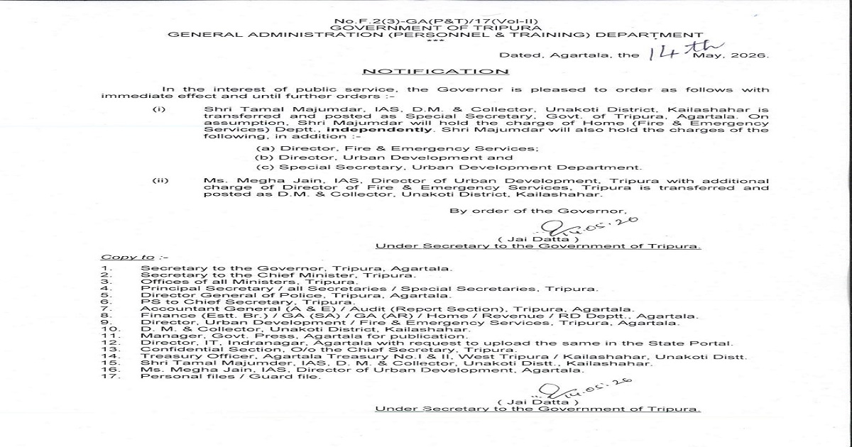 Major IAS Reshuffle in Tripura: Tamal Majumdar Appointed Special Secretary, Megha Jain Named Unakoti DM