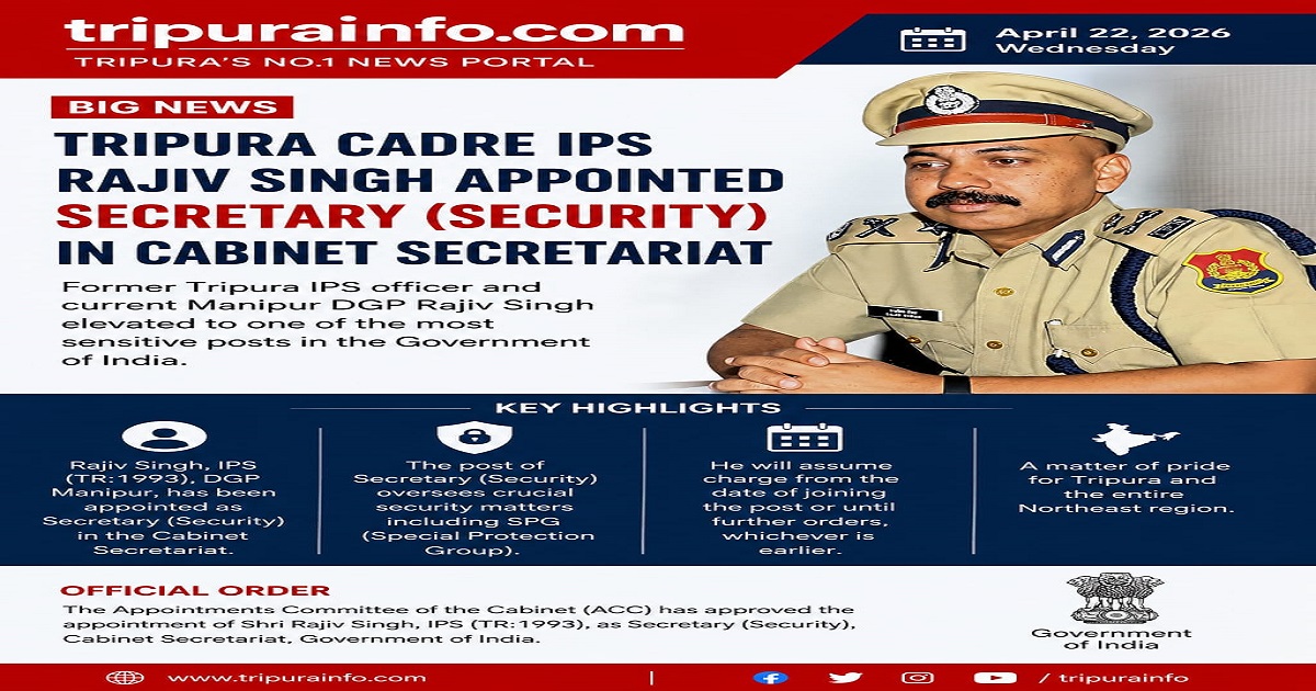 Former Tripura Cadre IPS Officer Rajiv Singh Appointed Secretary (Security) in Cabinet Secretariat