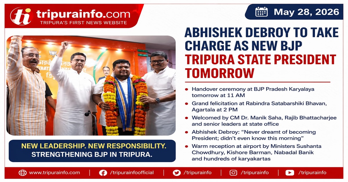 Abhishek Debroy to Take Charge as New BJP Tripura State President on May 29, Grand Felicitation Ceremony Scheduled at RS Bhavan