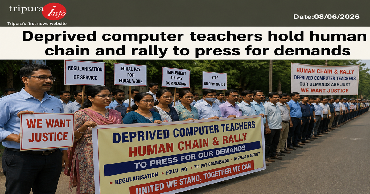 Deprived computer teachers hold human chain and rally to press for demands
