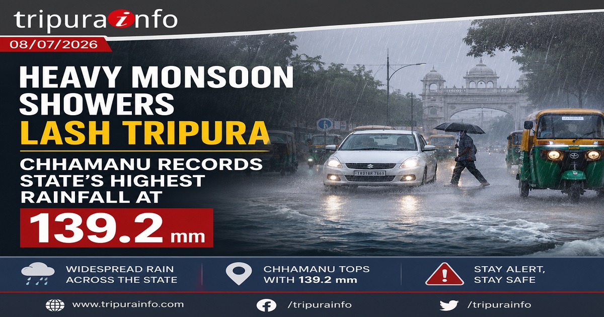 Heavy Monsoon Showers Lash Tripura, Chamanu Records State~`s Highest Rainfall at 139.2 mm