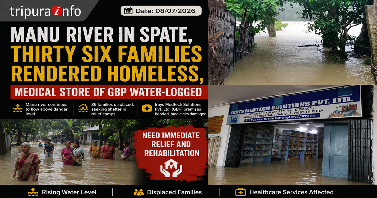 Manu river in spate, thirty six families rendered homeless, medical store of GBP water-logged