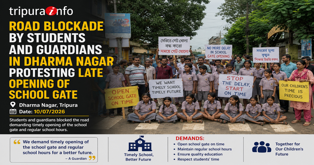 Road blockade by students and guardians in Dharma Nagar protesting late opening of school gate