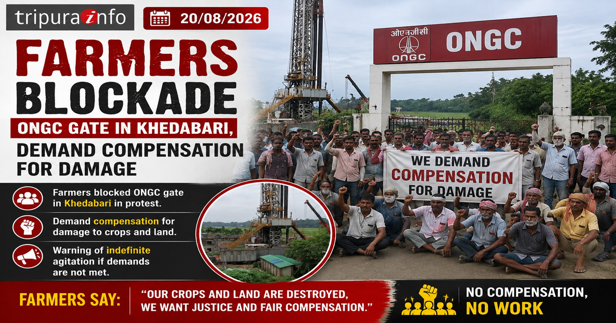 Farmers blockade ONGC gate in Khedabari , demand compensation for damage