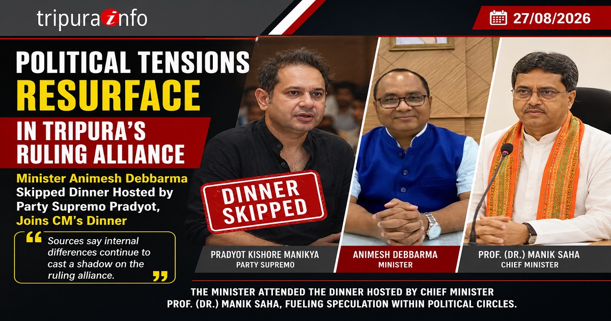 Political Tensions Resurface in Tripura’s Ruling Alliance as Minister Animesh Debbarma Skipped Dinner Hosted by Party Supremo Pradyot, Joins CM’s Dinner