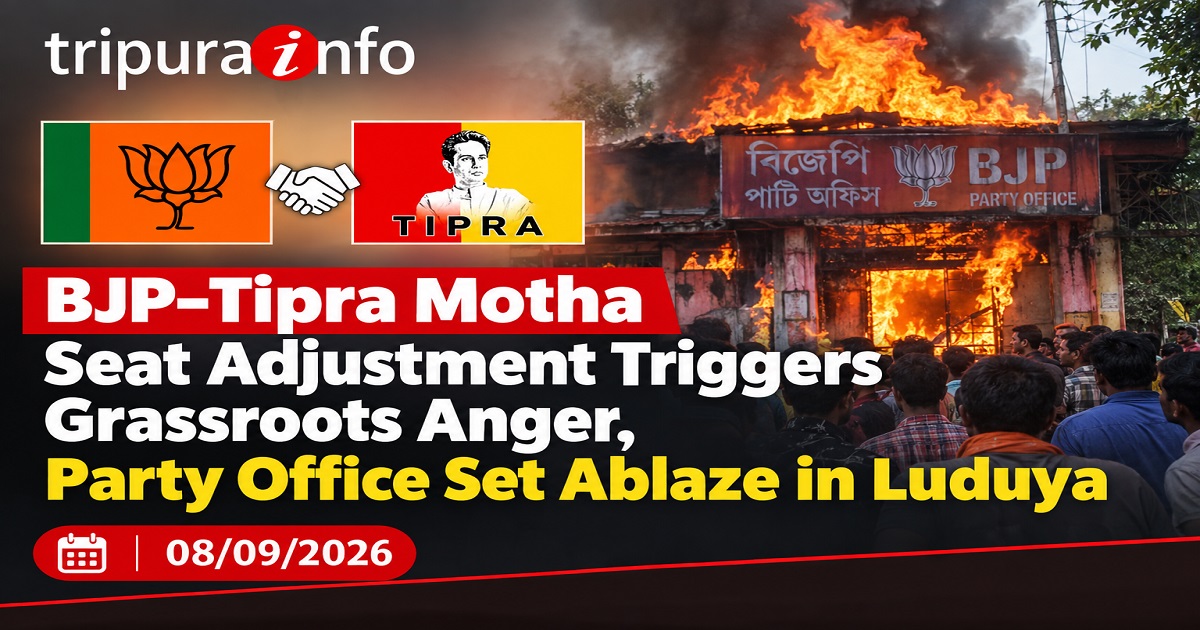 BJP–Tipra Motha Seat Adjustment Triggers Grassroots Anger, Party Office Set Ablaze in Luduya
