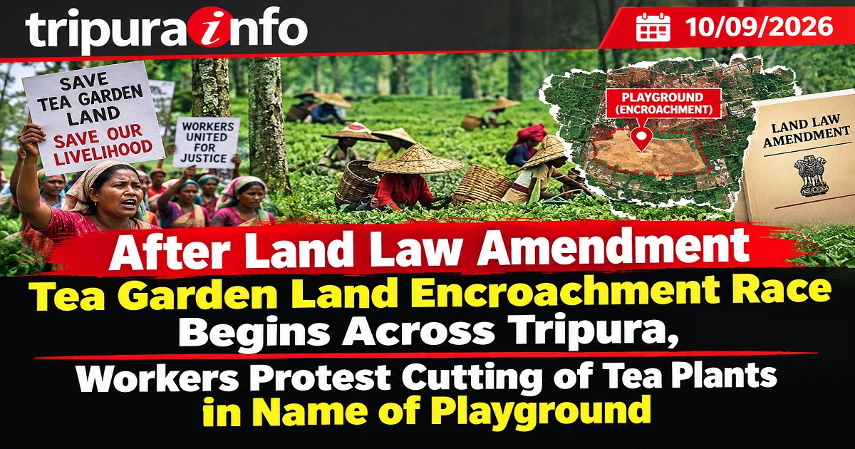 After Land Law Amendment Tea Garden Land Encroachment Race Begins Across Tripura,  Workers Protest Cutting of Tea Plants in Name of Playground
