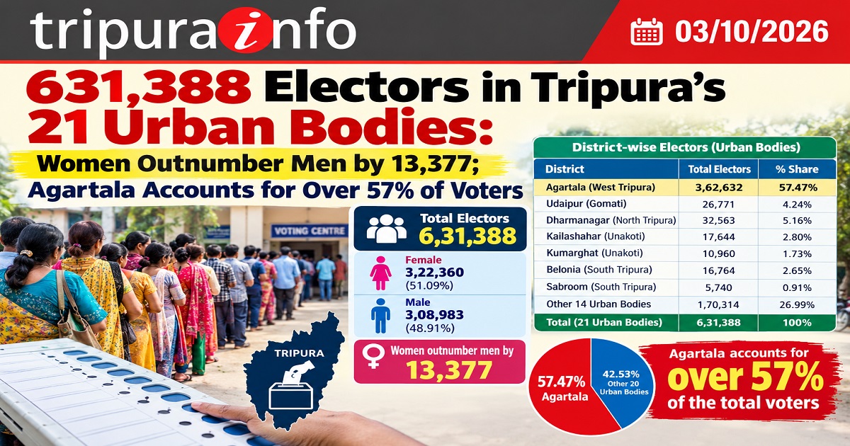 631,388 Electors in Tripura’s 21 Urban Bodies: Women Outnumber Men by 13,377; Agartala Accounts for Over 57% of Voters