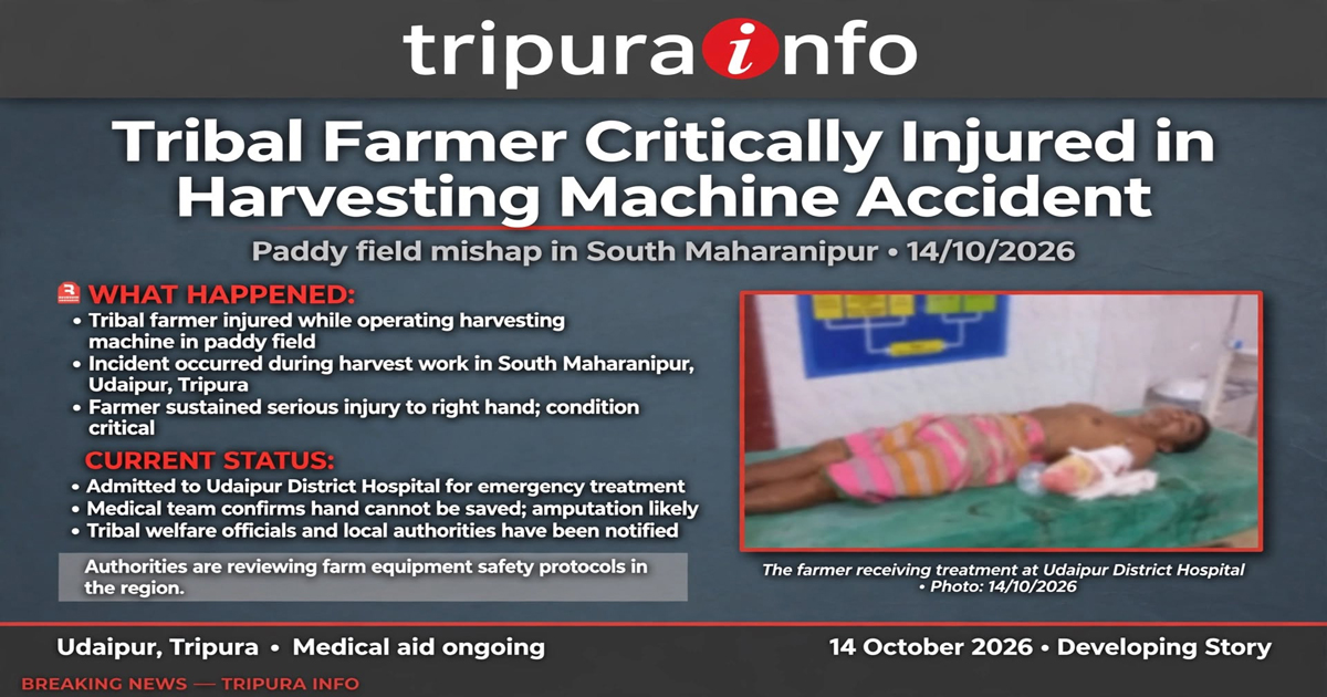 Tribal farmer set to lose hand , injured by harvesting machine in paddy field in south Maharanipur